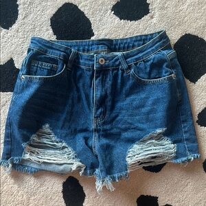 High-Waisted Blue Jean Shorts with Distressed Frayed Hem